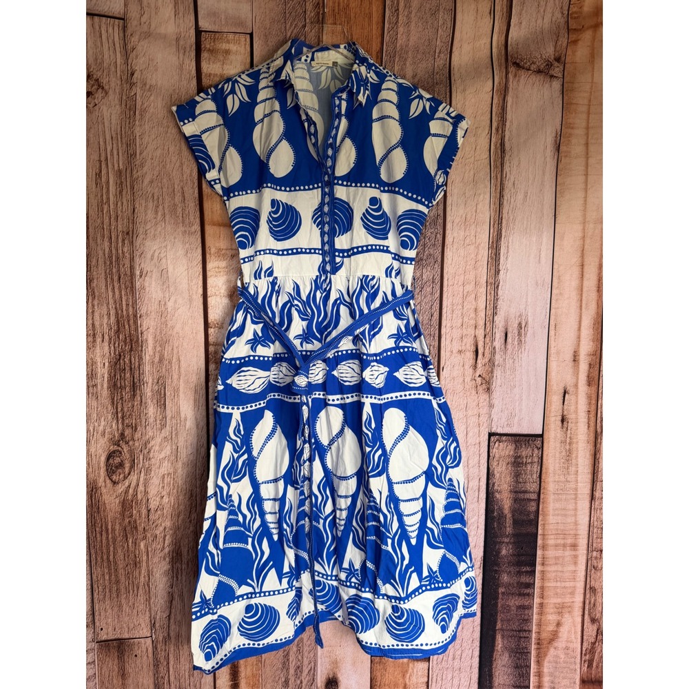 Maude Vivante Shell Print Midi Dress Coastal Resort Nautical Vacation Small